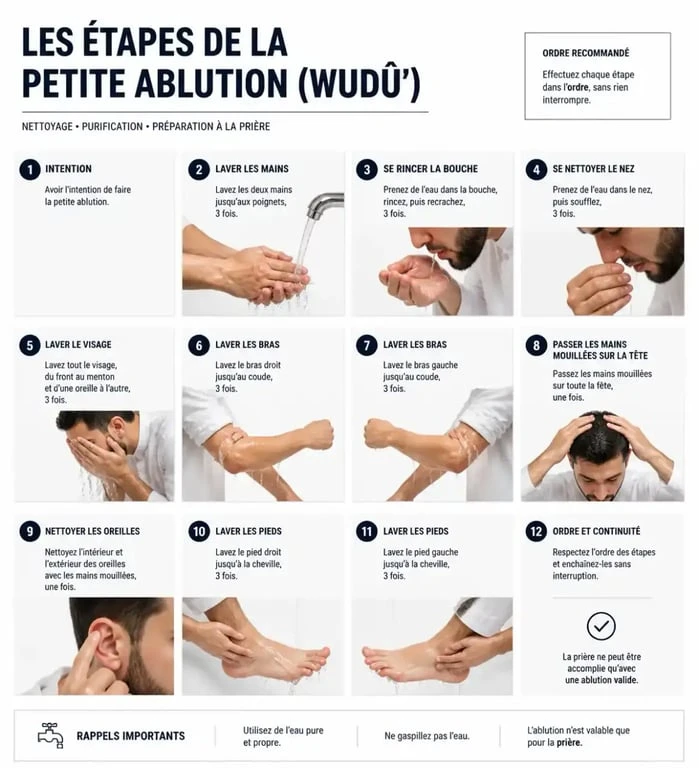 Étapes de la petite ablution wudû pour la prière