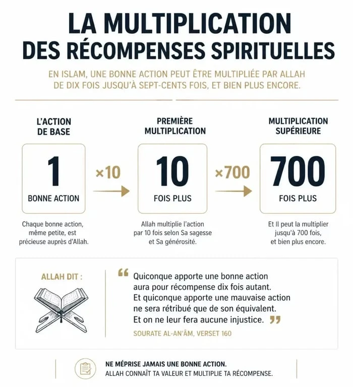 Infographie illustrant la multiplication des hassanates et des récompenses spirituelles en islam