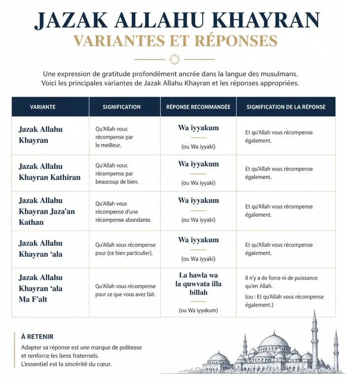 Tableau récapitulatif des variantes et réponses pour l'expression Jazak Allahu Khayran