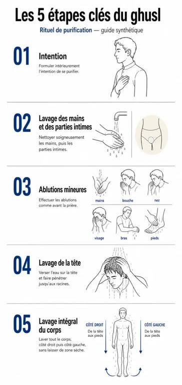 Étapes de la grande douche islam ou ghusl pour la purification rituelle