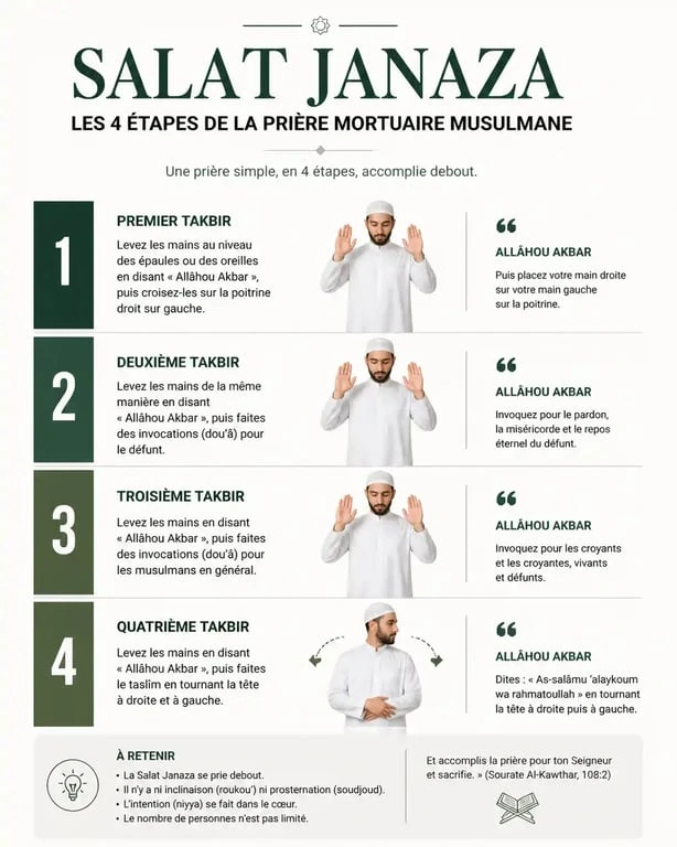 Infographie illustrant les 4 étapes de la prière mortuaire Salat Janaza