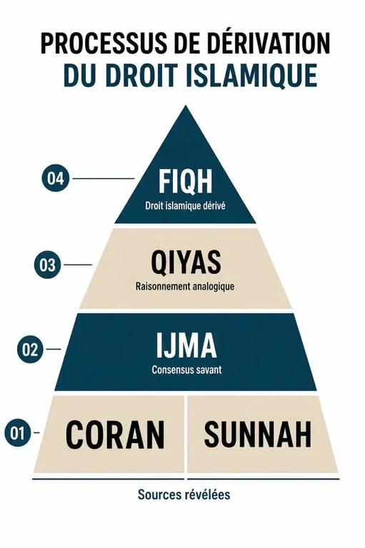 Processus d'interprétation et de dérivation de la jurisprudence islamique (fiqh) à partir des sources scripturaires.