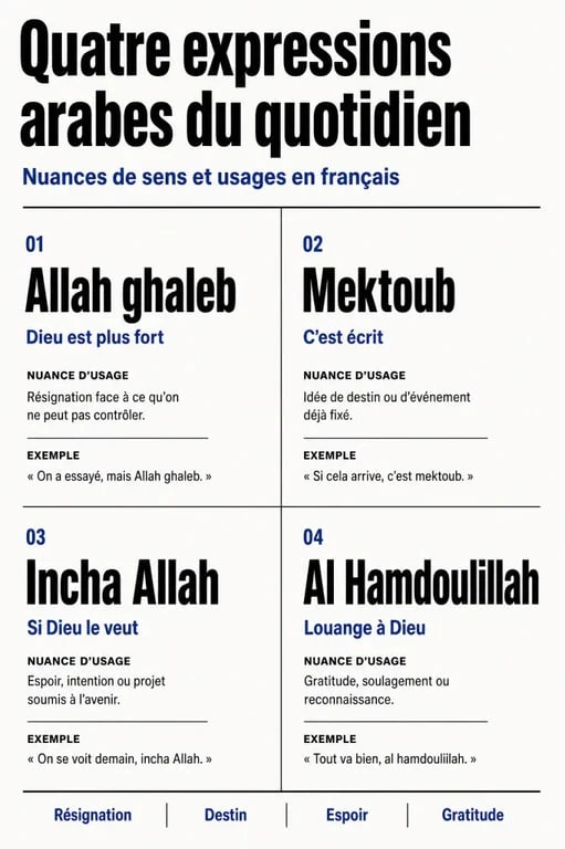 Infographie explicative sur la signification et l'usage de l'expression Allah ghaleb et autres formules arabes courantes.