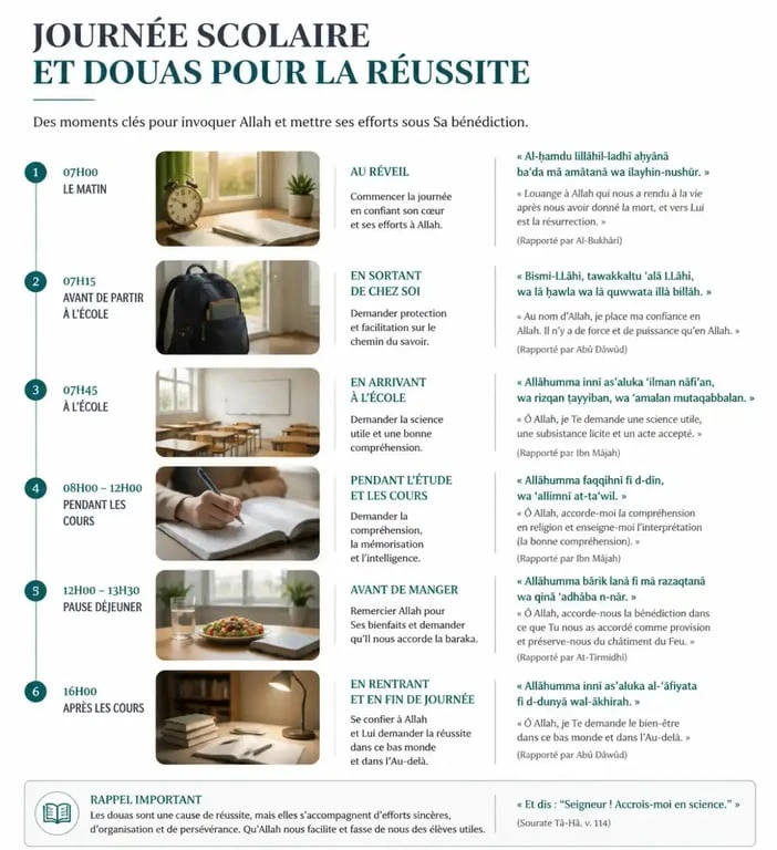 Infographie récapitulative des douas pour la réussite scolaire et les moments propices pour les réciter