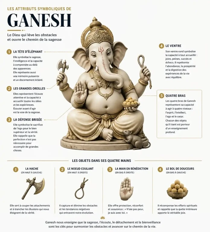 Infographie des attributs symboliques de la divinité Ganesh et leur signification