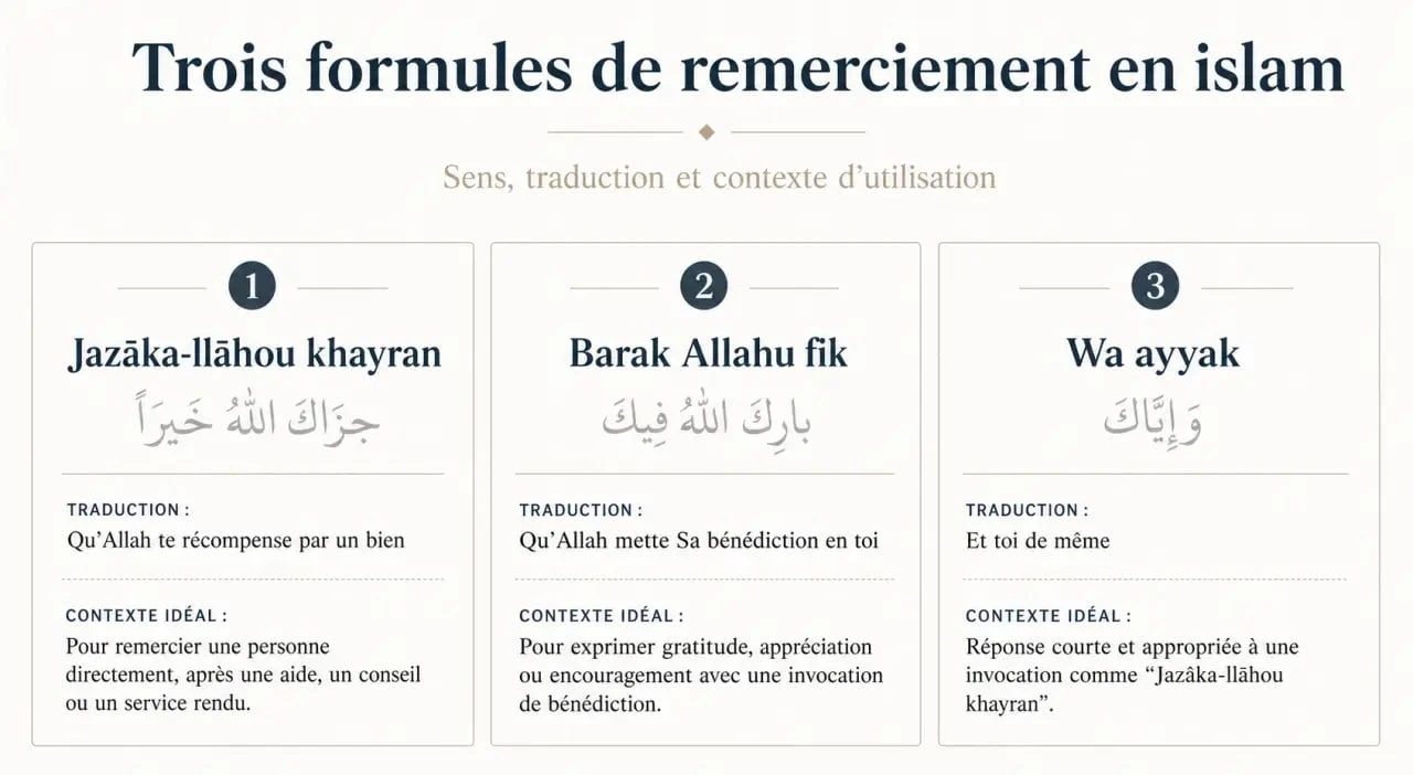 Infographie des douas de remerciement en islam : Jazâka-llāhou khayran et Barak Allahu fik