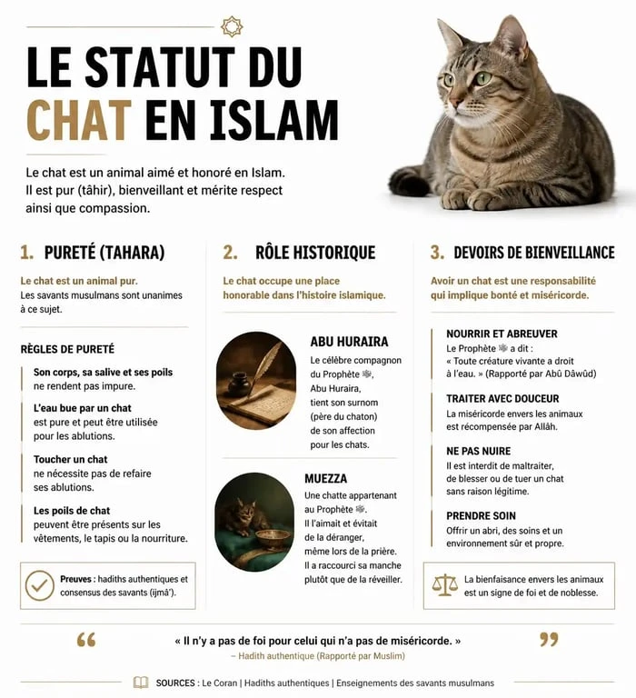 Infographie sur la place et le statut du chat dans l'islam, règles de pureté et bienveillance animale