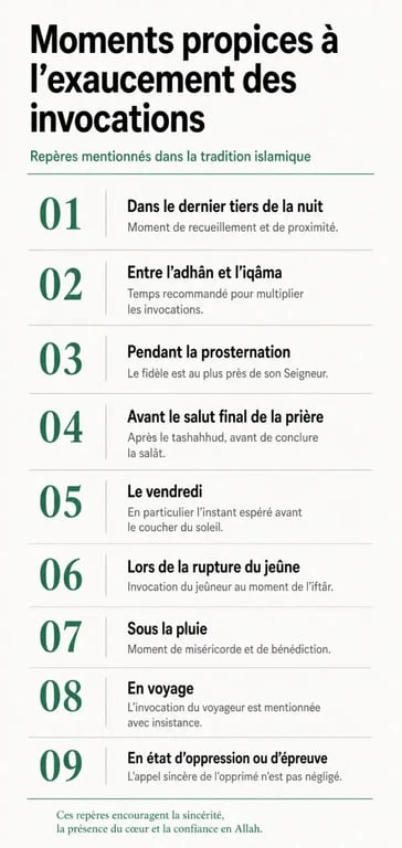 Infographie sur les moments propices pour réciter une doua pour examen