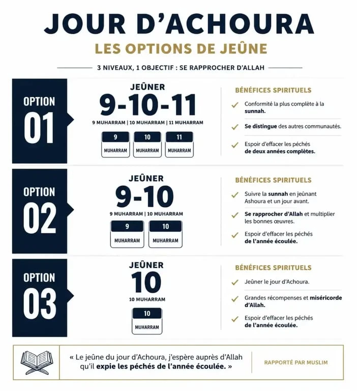 Infographie sur les modalités et les mérites du jeûne de Achoura pour les musulmans
