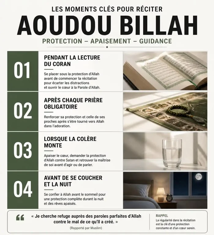 Infographie illustrant les moments de récitation de l'invocation Aoudou Billah pour la protection spirituelle
