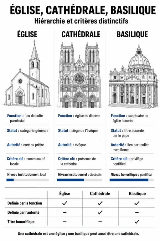 Tableau comparatif illustré des différences entre église, cathédrale et basilique