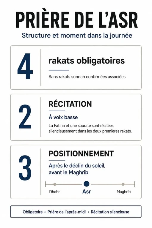 Infographie sur le nombre de rakats et la structure de la prière de l'Asr