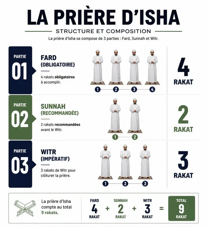 Structure des rakats de la prière d'Isha : Fard, Sunnah et Witr