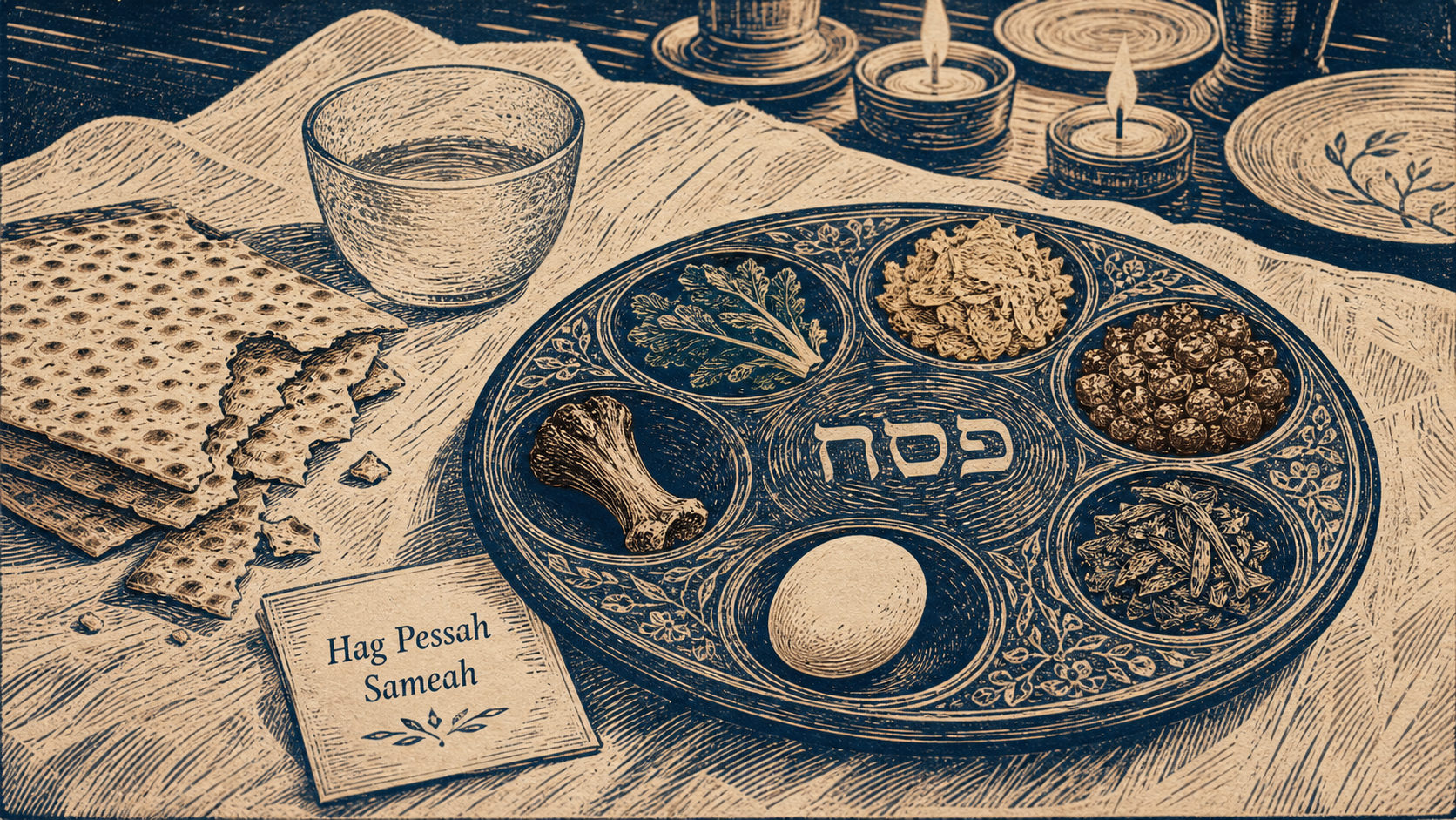 Hag pessah sameah, table du Seder avec matza et éléments du repas pascal