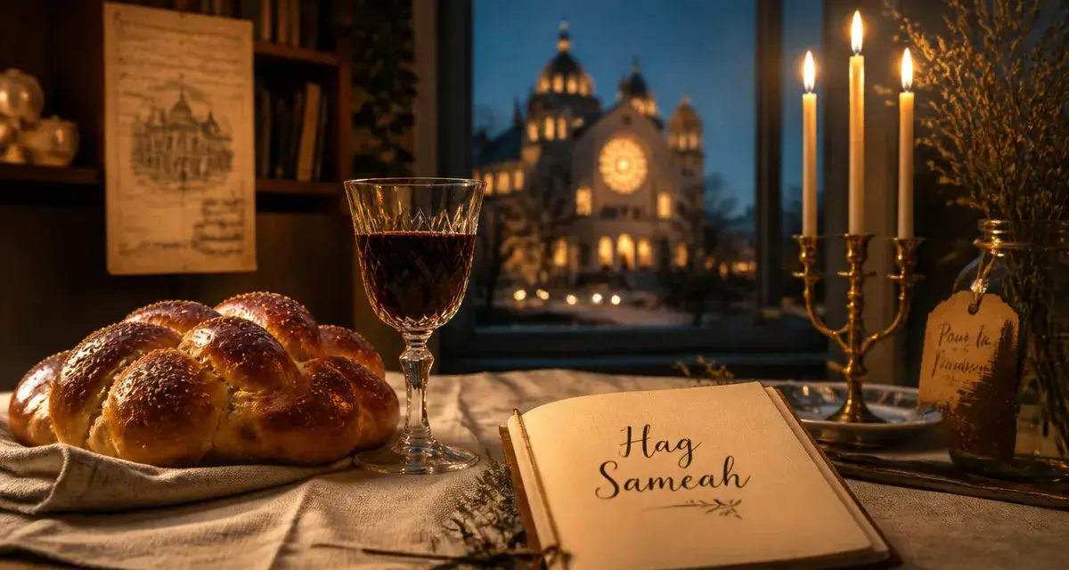Hag sameah : vœux hébraïques, pain et vin près d’un livret « Hag Sameah »