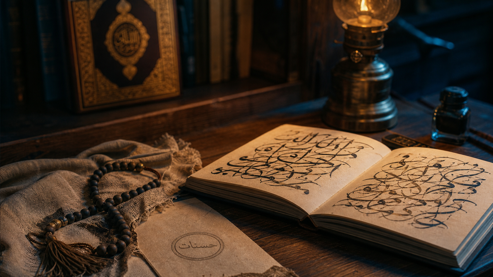 Hassanates en Islam : carnet, encre et chapelet sur table
