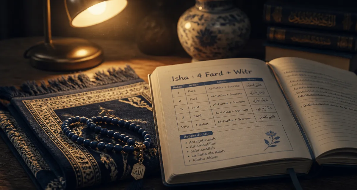 Isha rakat : 4 rakats et witr sur tapis de prière, chapelet et carnet