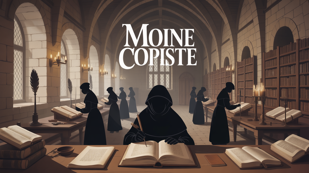 moine copiste au scriptorium dans une abbaye