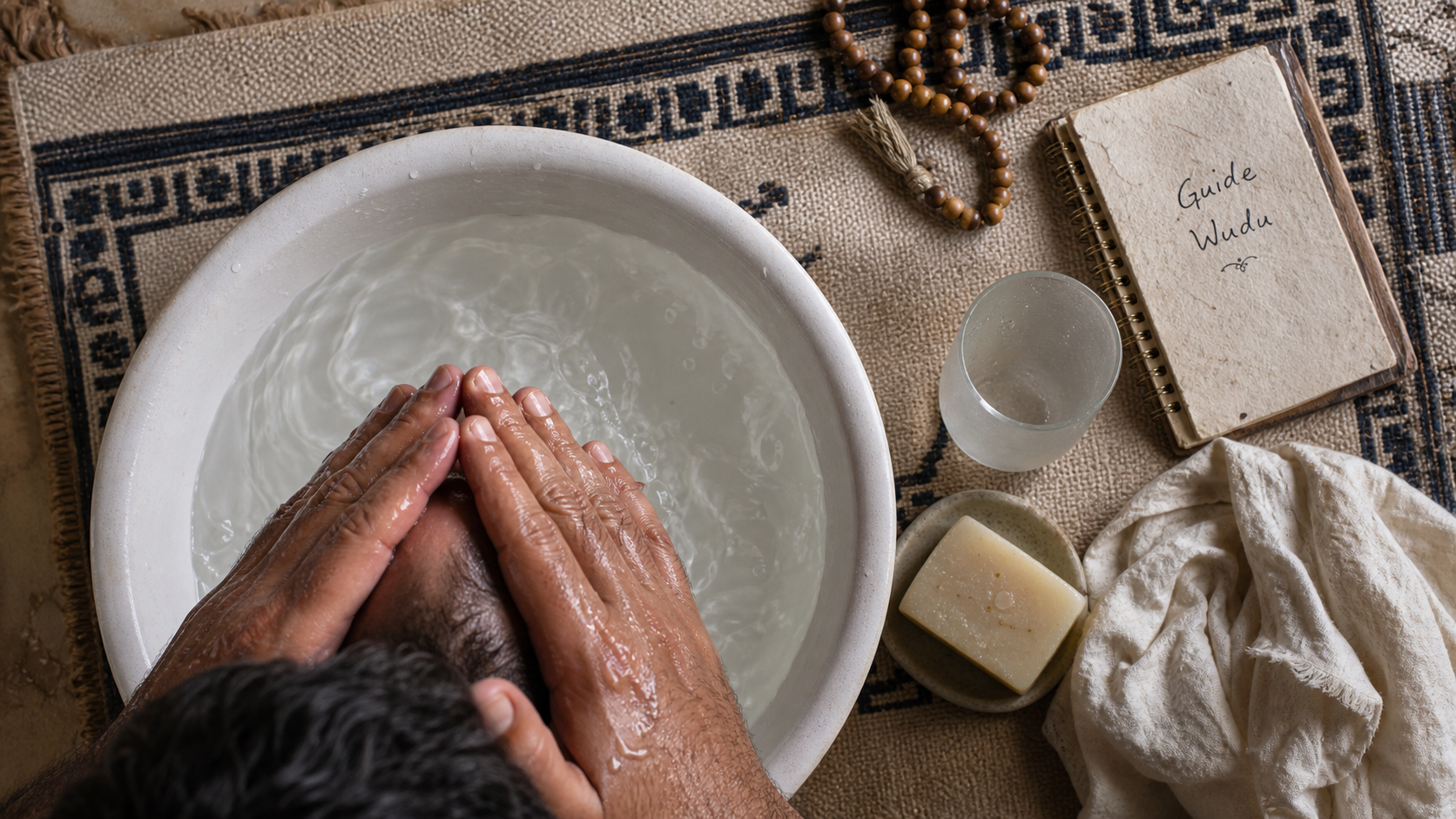 Muslim ablution wudu : mains rinçant le visage et préparation de la purification rituelle