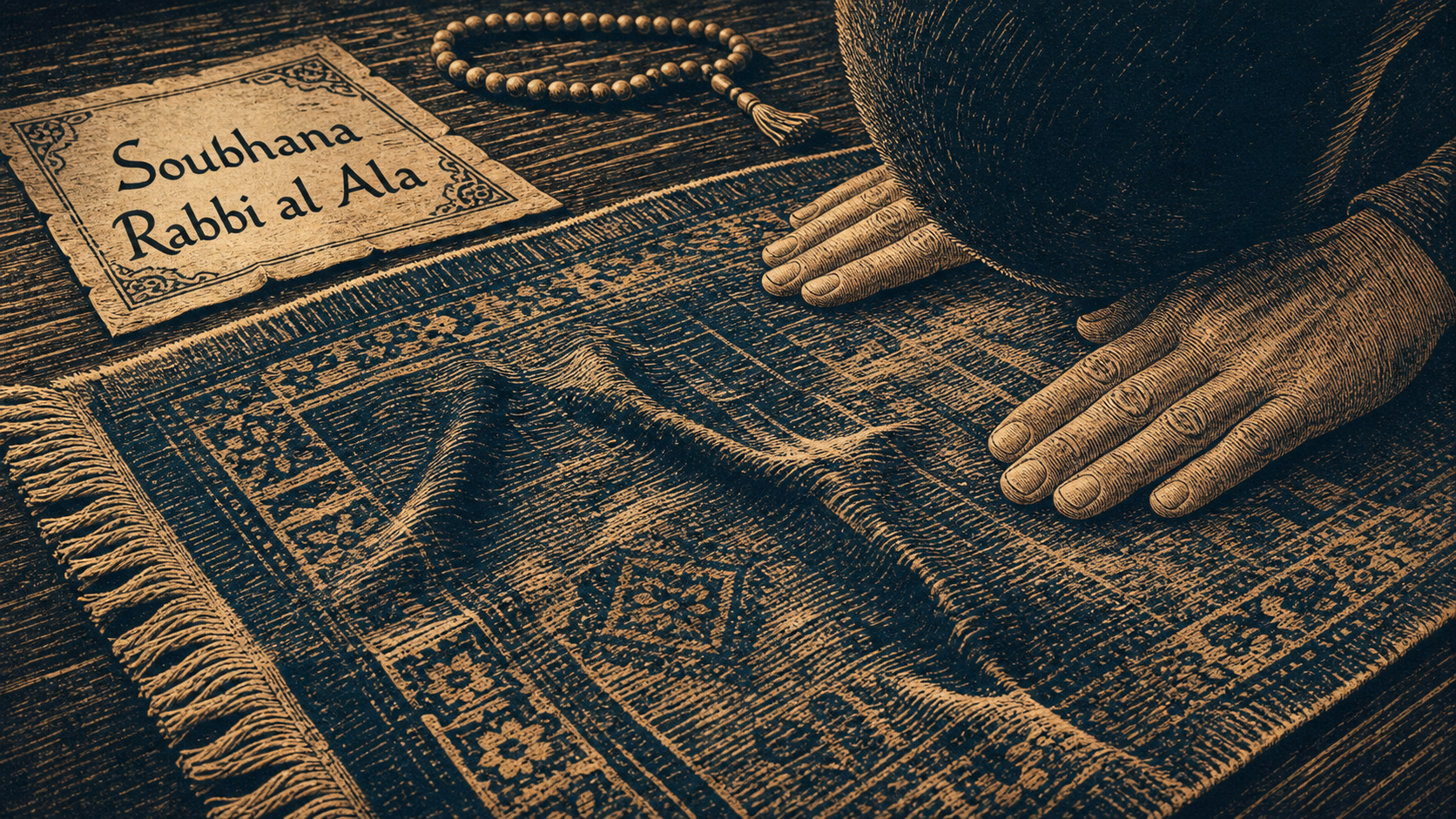 Soubhana Rabbi al Ala sur un tapis de prière : prosternation et calligraphie
