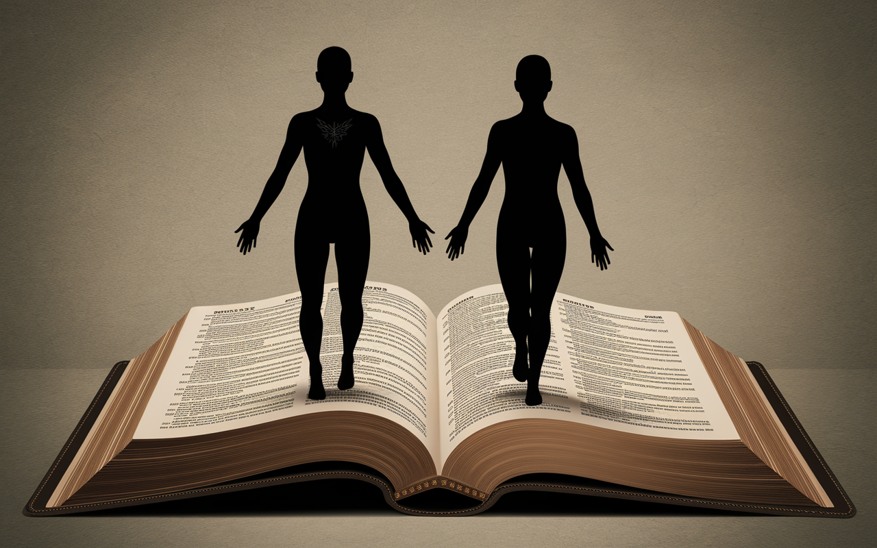 Deux silhouettes devant bible ouverte, motif tatouage bible