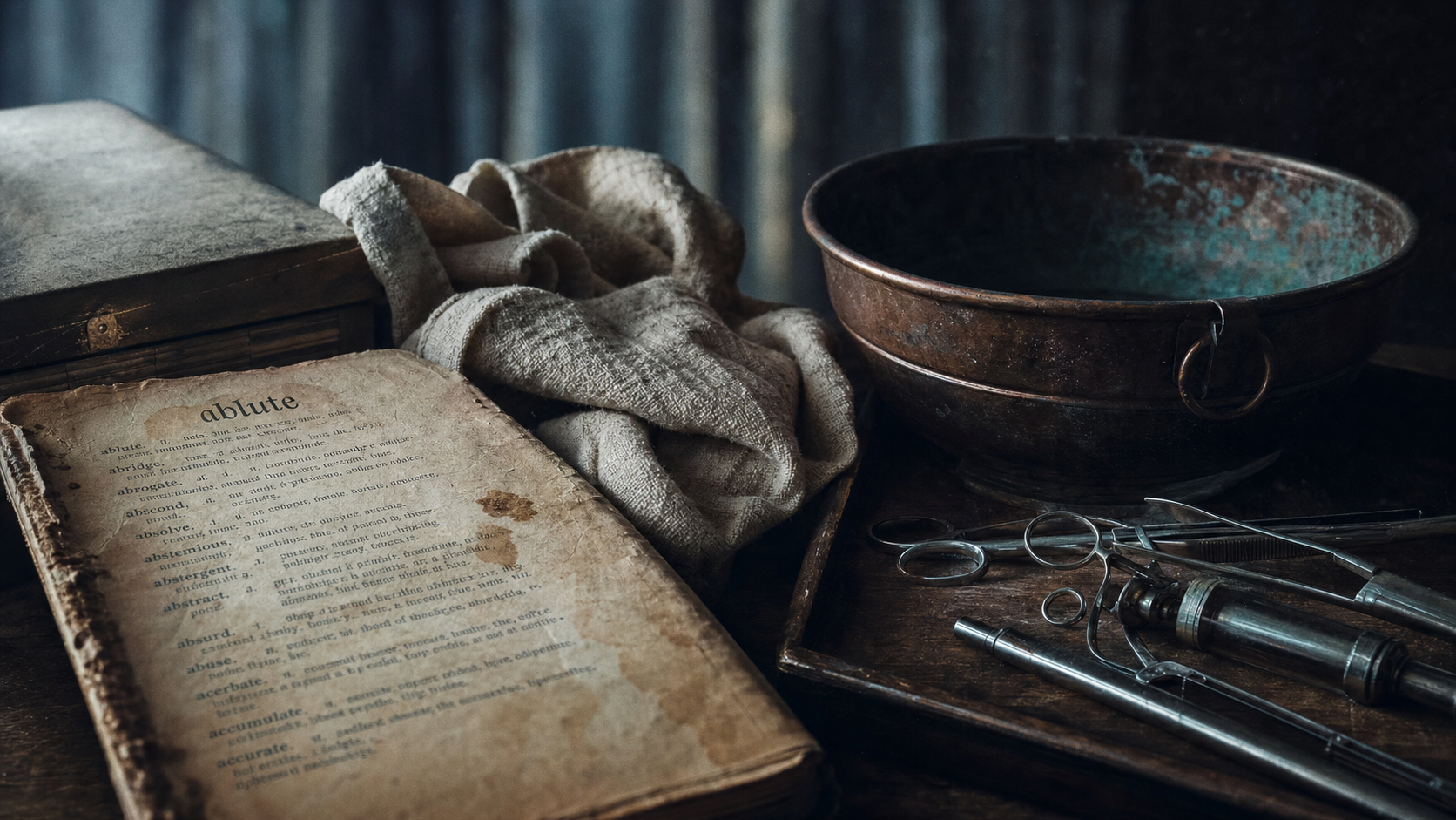 Ablute : mot « ablute » dans un dictionnaire ancien, cuvette et linge