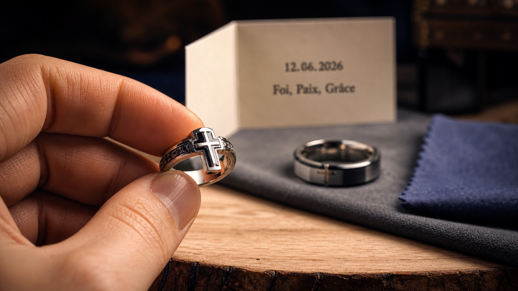 Bague chretienne en argent 925 avec croix et gravure