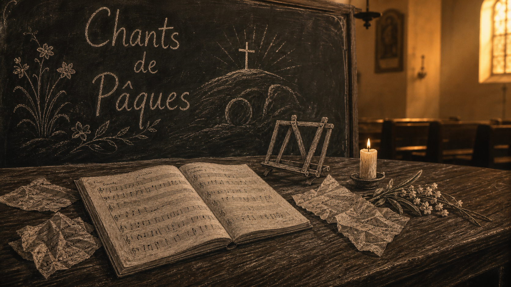 Chants pâques : cahier de partitions et rameau de fleurs près d’une bougie