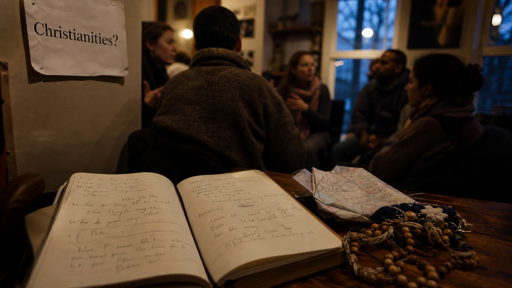 Christianities documentary : carnet et chapelet près d’affiche “Christianities?”