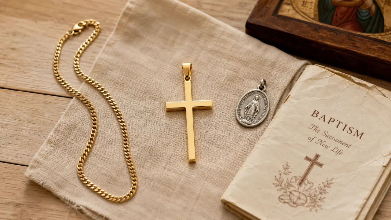 croix religieuse : croix sur table bois, chaîne et médaille de baptême