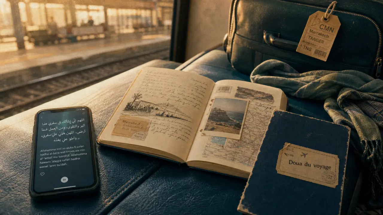 Doua du voyage en arabe et phonétique sur un carnet de voyage