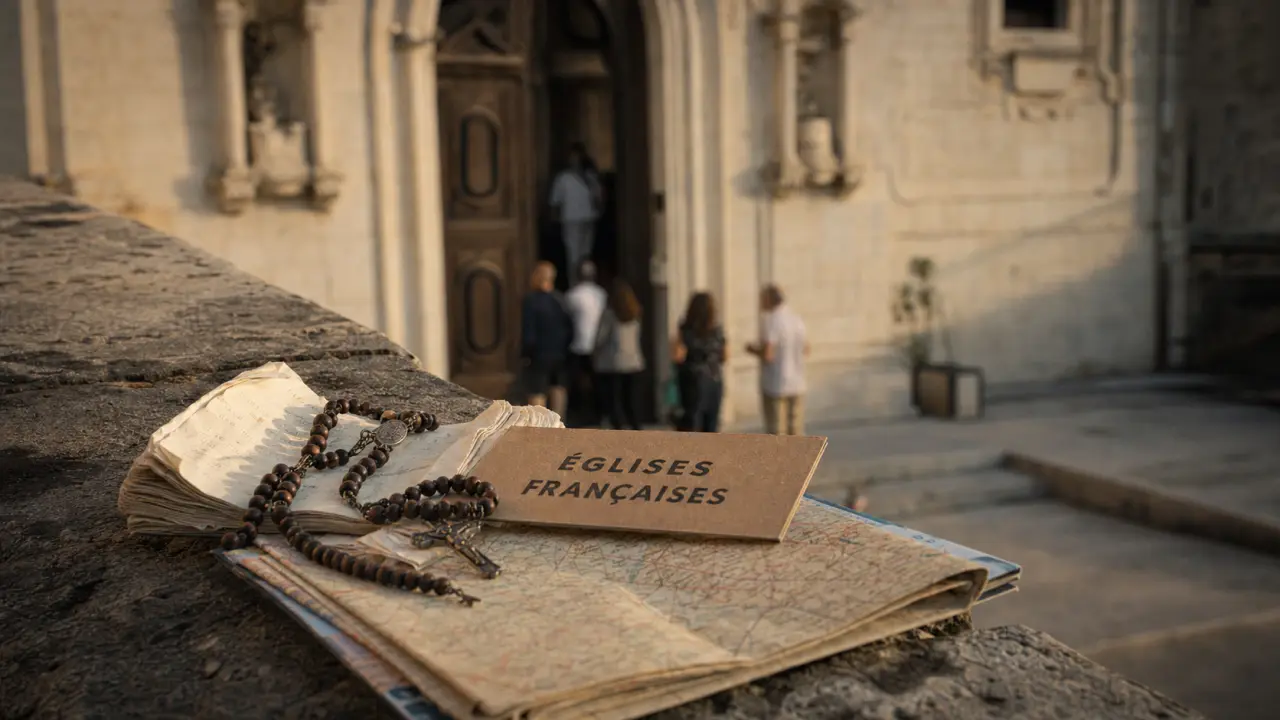 eglise francaise : repères France et Rome, guide et chapelet devant une façade d’église