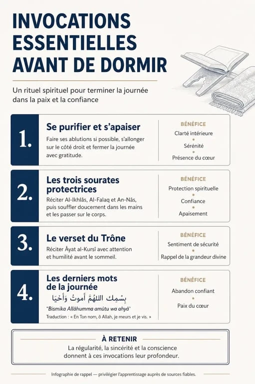 Infographie récapitulative des invocations et doua avant de dormir