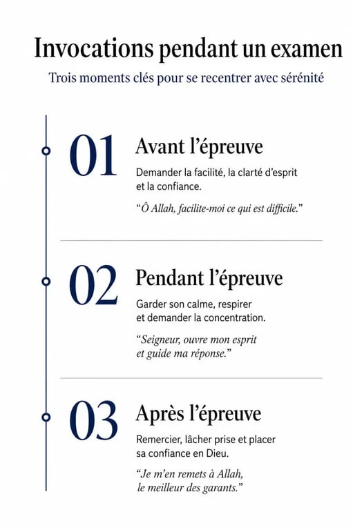 Infographie sur les moments clés pour réciter une invocation examen pour la réussite et la sérénité.