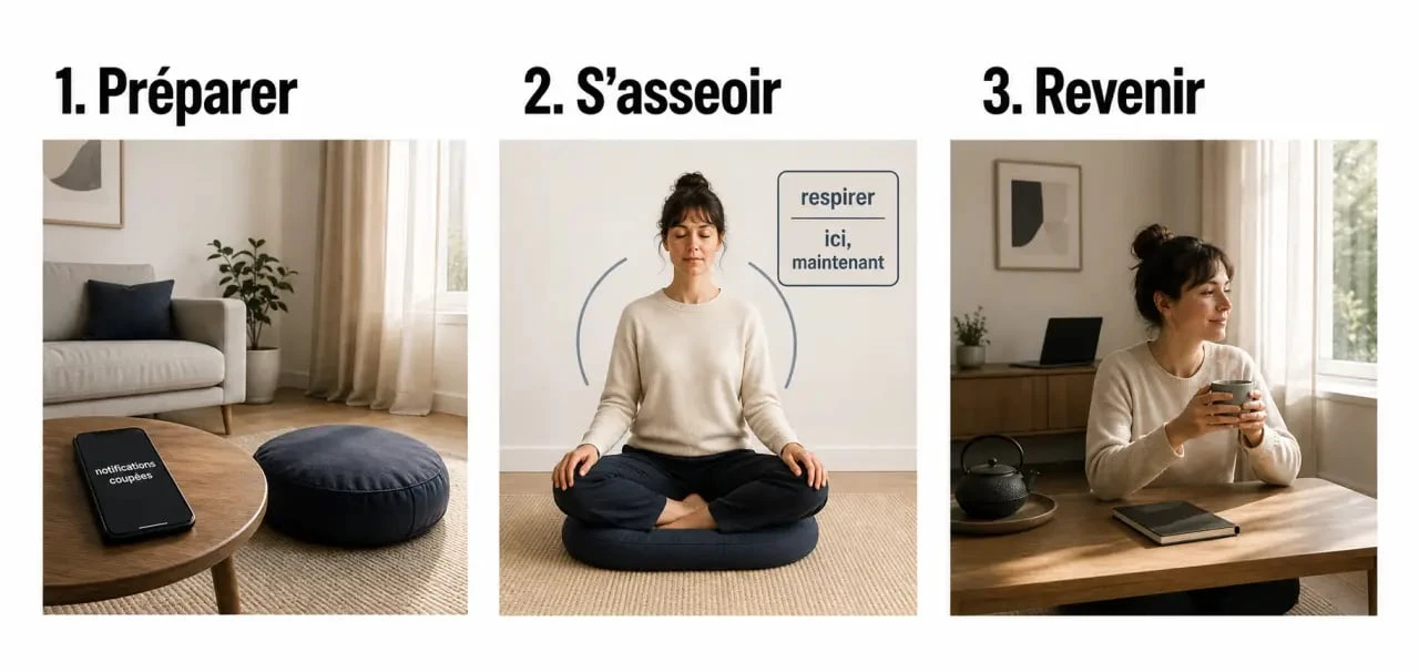 Méditation à domicile en trois étapes dans un intérieur calme, de la préparation à la respiration guidée puis au retour apaisé