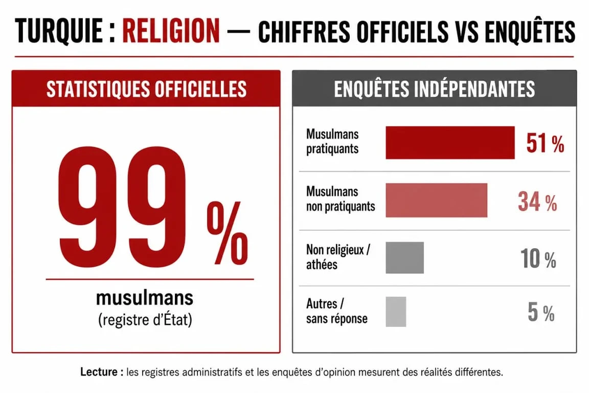 Infographie comparant les statistiques officielles et les sondages indépendants sur les religions en Turquie