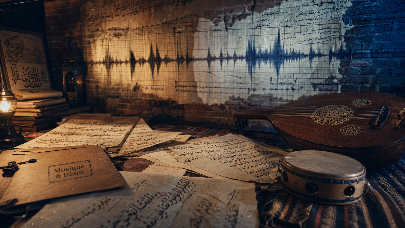islam musique : oud et manuscrits calligraphiés sur table de travail