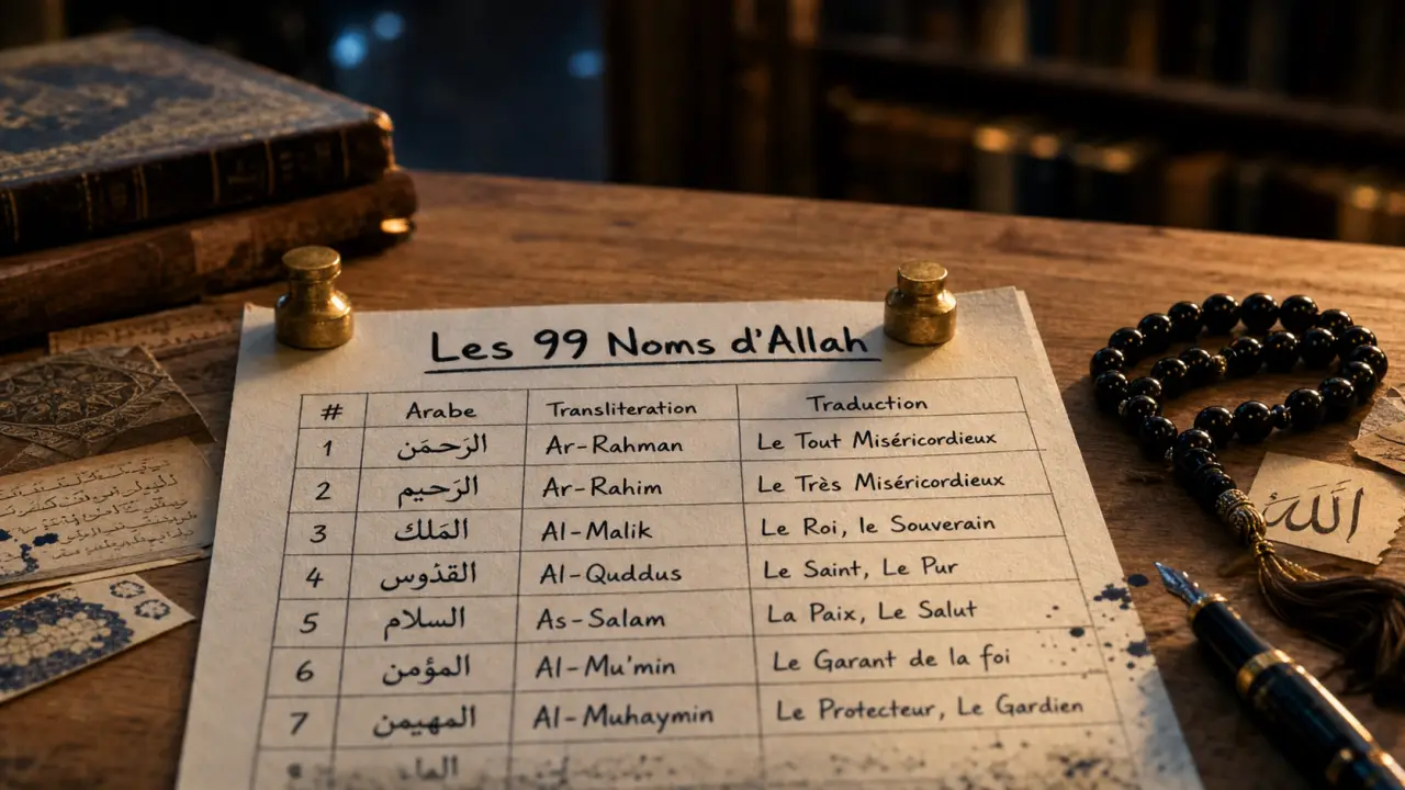 Les 99 noms d allah à mémoriser en français, tableau manuscrit