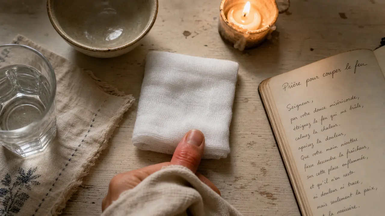 Priere pour couper le feu : compresse, bougie et eau sur une table