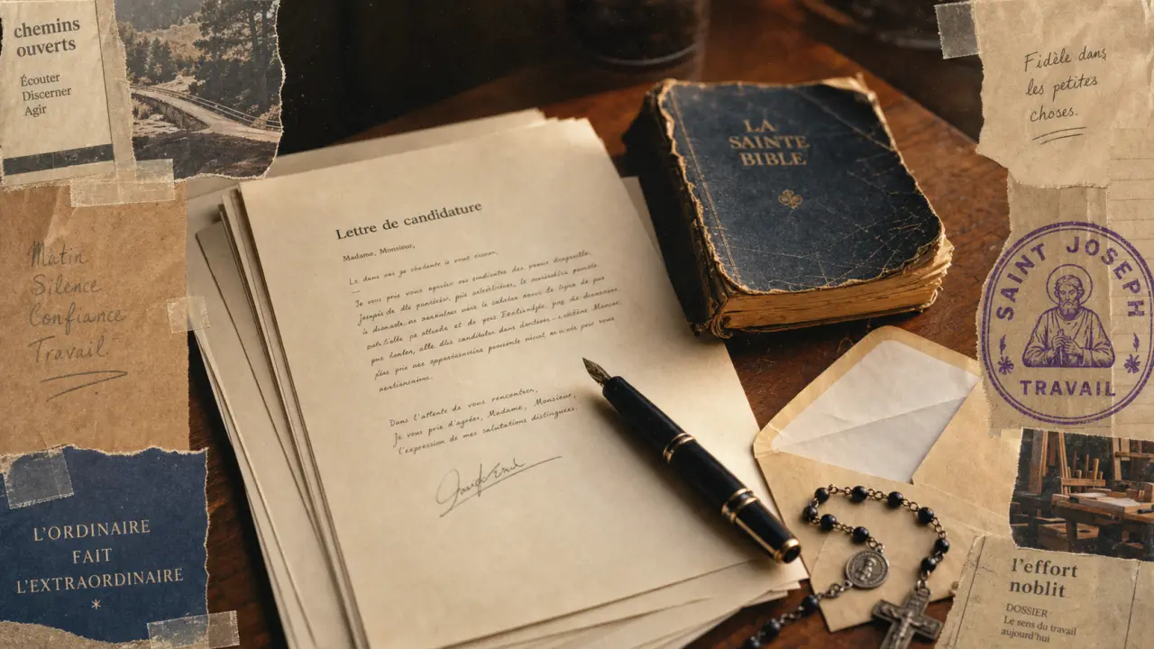 Prière pour un travail : Bible et chapelet près de lettres de candidature