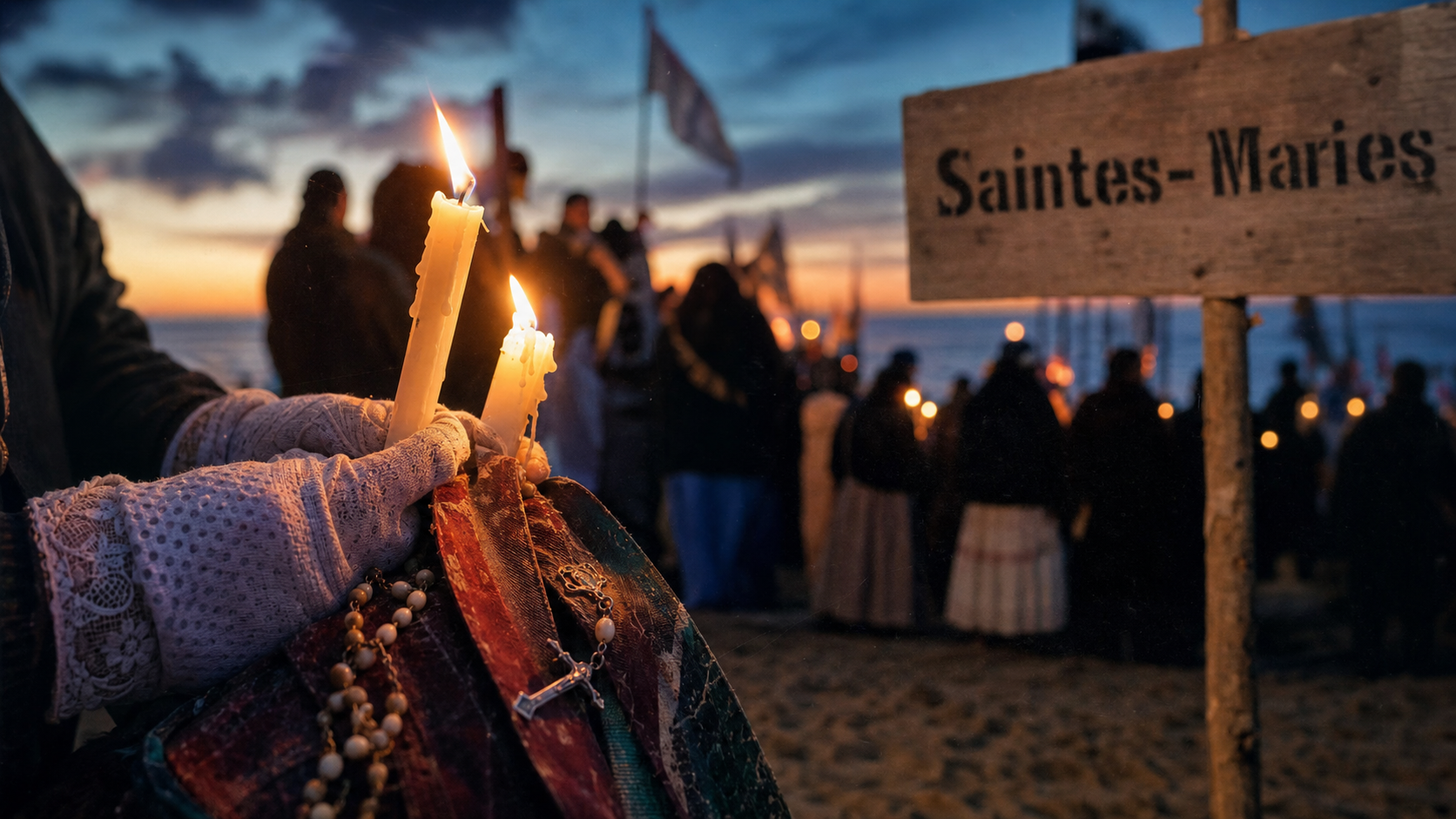 Religion gitane : mains gantées tenant des cierges et un chapelet, procession aux Saintes-Maries