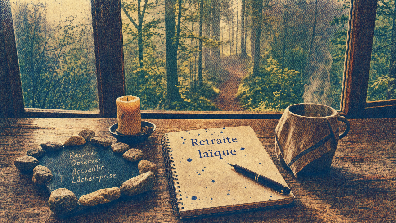 Retraite spirituelle non religieuse : table, bougie éteinte, carnet et silence