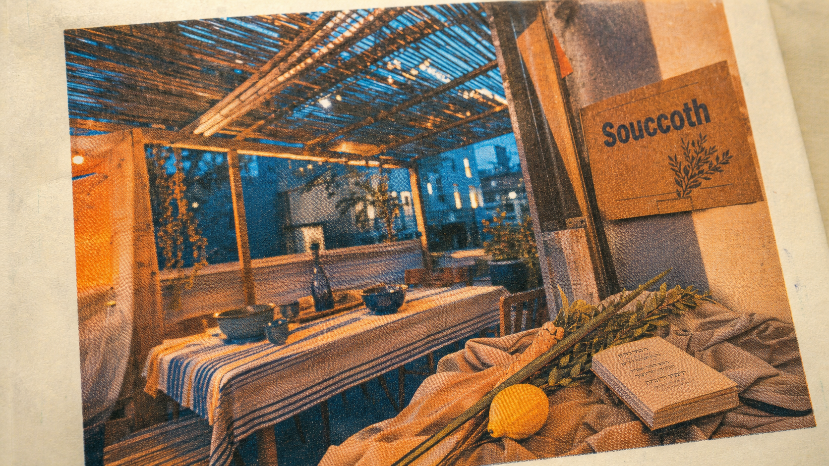Photo réaliste de la soukka Souccoth en ville, ciel et plantes de la fête