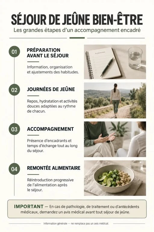Les étapes d’un séjour de jeûne bien-être, de la préparation à la remontée alimentaire